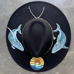 Felt Western WIde Brim Fedora ONE OF A KIND Hand Painted Wearable Art Whales